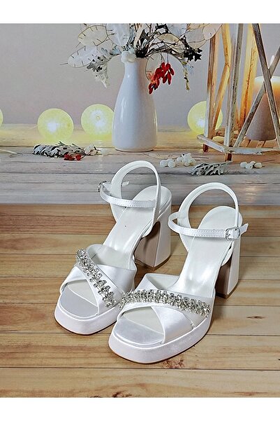 Modavien Kadın 10 Cm Taşlı Saten Platform Gelin Ayakkabısı
