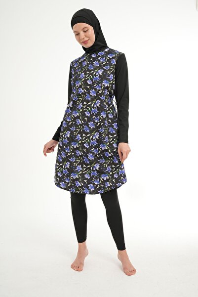 Swana Черен скромен бански костюм - комплект от 3 части с шарки и пълно покритие