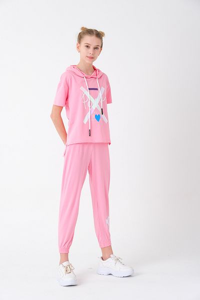 Wee Baby 7-14 Years Girl's Heart Printed Hooded Summer Set - 13840