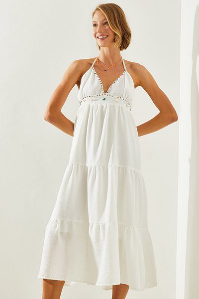 Bianco Lucci Leinenkleid – gefüttert und mit Perlen verziert Alaçatı 5951 60251689