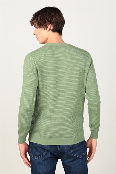 Tudors Erkek Standart Fit Normal Kesim Bisiklet Yaka Petek Desenli Yeşil Triko Kazak