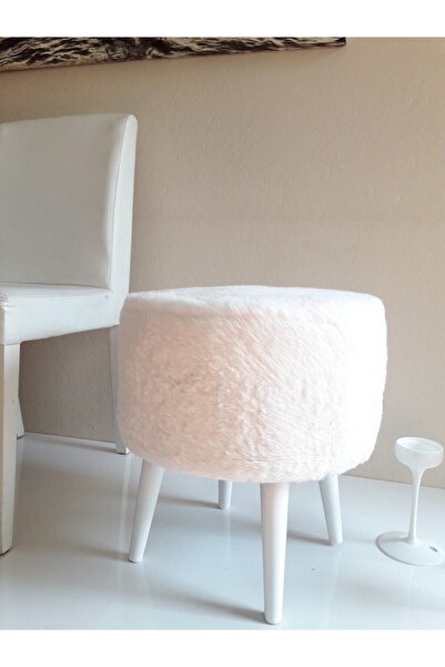 WEBPANYA Gürgen Ahşap Ayaklı Dekoratif Beyaz Yuvarlak Pelüş Puf Bench Koltuk ...