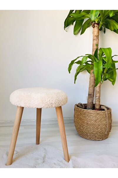 WEBPANYA Gürgen Ahşap Retro Ayak Dekoratif Krem Peluş Puf Tabure Bench Koltuk...