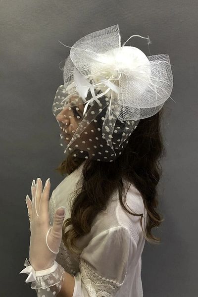 Limelia Short Bridal Gloves and Voilet - Polka Dot and Rose Detailed Bridal Hat