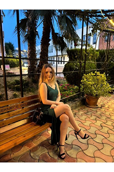 SEVENLINE Öpücük Yaka Çift Yırtmaçlı Elbise