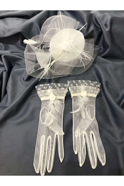 Limelia Bridal Cap - Rose and Feather Detailed Gloves and Voilet