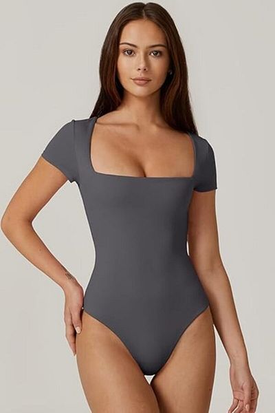 zaccana z Women's Silk Jersey Bodysuit - Square Neck, Double Layer, Short Sleeve K34