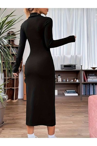 Machetta Women's Plus Size Slit Collar Zipper Detailed Tight Dress / Tunic