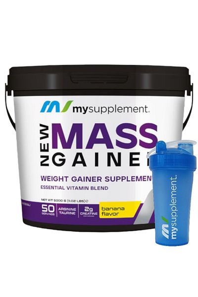 MYSUPPLEMENT Banana Flavored Mass Gainer 5000Gr 50 Servings Carbohydrate Volume with Shaker Gift.