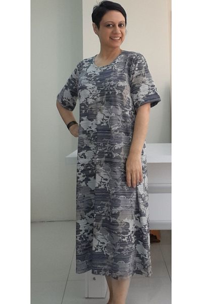 Mertcan Butik Γκρι καπνιστό φόρεμα βισκόζης - κοντό μανίκι και μοτίβο τριαντάφυλλου