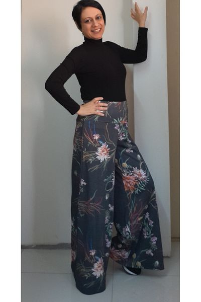 Mertcan Butik Smoked patterned elastic waist wide leg steel knitted pants skirt
