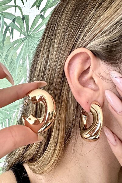 alsaccessories Gold Renk Bombeli Kalın Oval Halka Küpe