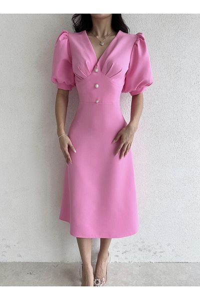 Afiş Butik Rochie midi cu jumătate de mânecă detaliată cu nasturi perle roz