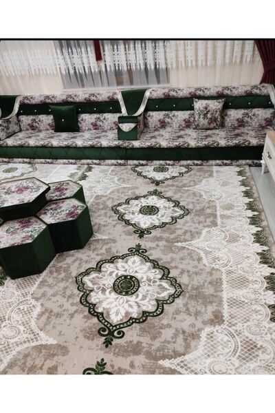 Yağmurser Metre Kesim Halı Örtüsü (lastiksiz) Göbekli Yeşil Desen.