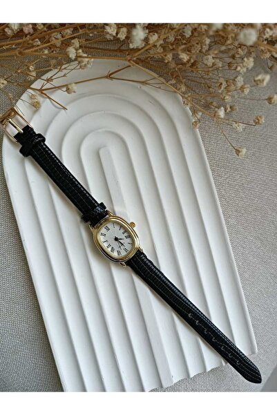 LA BOSS Minimal Crocodile Leather Black Oval Women's Wristwatch