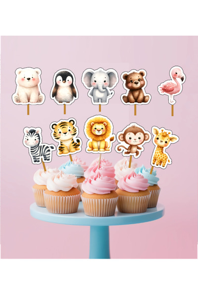 Hiras Dizayn 15 Adet Safari Orman Konsept One  Cupcake Kürdanı 6-7cm Pasta Kü...