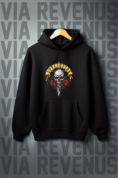 Vordevia Affliction Printed Black Oversize Hooded Sweetshirt - Kangaroo Pocket, 3 Thread