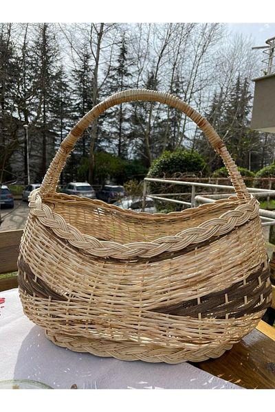 Beyaz Atölyem Double Color Gondola Wicker Braided Aesthetic Picnic Basket Large Size