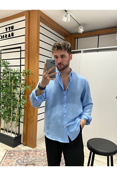 UTTBASİC Erkek Bebe Mavi Oversize Dokulu Aerobin Keten Gömlek