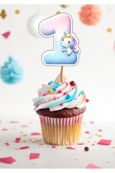 Hiras Dizayn 15 Adet Unicorn Konsept One 1 Yaş Cupcake Kürdanı 6-7cm Pasta Kü...