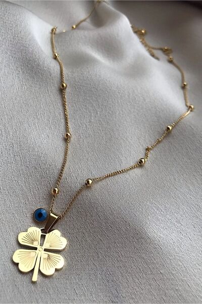 JADE 4 Yapraklı Yonca Uzun Arpa Çelik Zincir Kolye 60cm