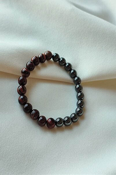 badeaccessories Men's Natural Stone Bracelet - Red Iron Tiger Eye, Hematite C...