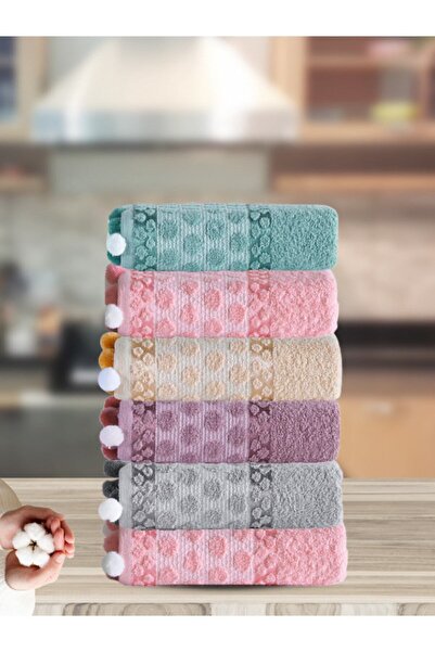 ShineARS Ella Ponponlu Jakarlı Pamuklu 6 Adet 30x50 Mutfak Havlu Seti
