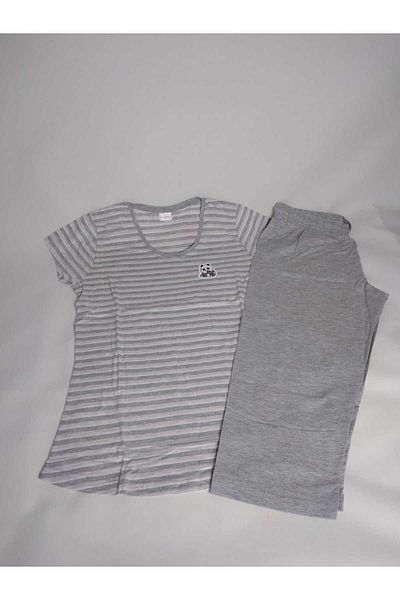 VİENETTA Set de pijamale pentru femei cu dungi gri, cu decolteu, cu mâneci scurte, capri din bumbac