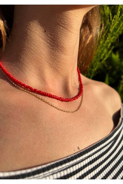 Kosovalı Thin Chain Blood Red Bead Necklace Set