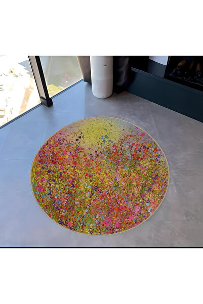 Rugs Modern Halı Pastel Theme Mixed Flowers Patterned Round Woven Base Modern...