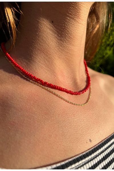Kosovalı Thin Chain Blood Red Bead Necklace Set