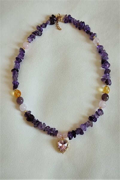 badeaccessories Taşlı Pembe Kuvars, Ametist, Sitrin Doğaltaş Kalp Kolye
