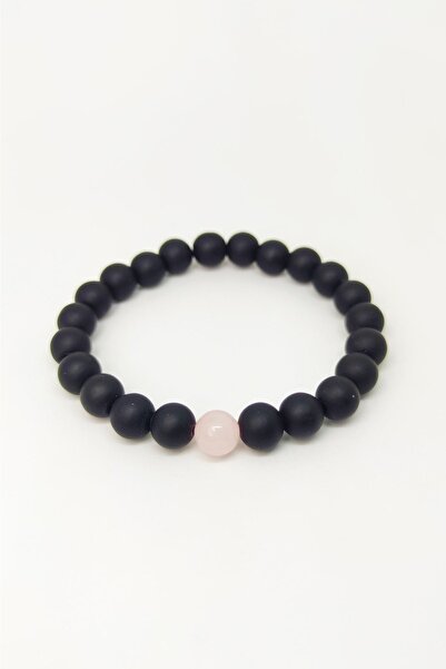 Armis Unisex Black Matte Onyx Pink Quartz Single Stone Natural Stone Bracelet