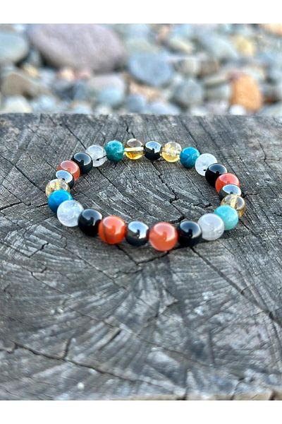 Gökçeada 8mm Gemini Sign Bracelet - Natural Stone Apatite, Routine Quartz, Yemen Agate, Citrine, Obsidian, Hematite
