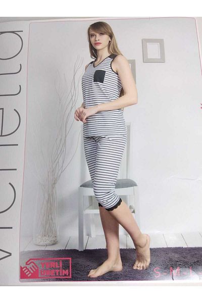 VİENETTA Set pijamale de damă cu decolteu în V bej antracit - fără mâneci, cu dantelă pe umeri, bumbac capri cu model
