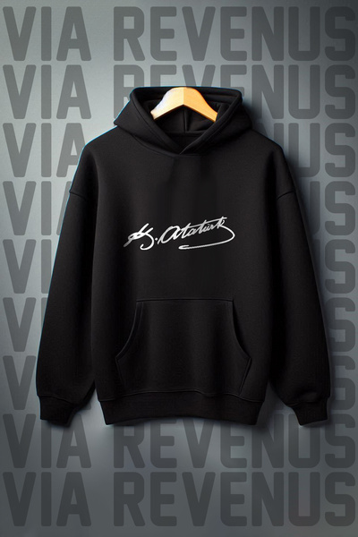 Vordevia Ataturk Signature Printed - Kangaroo Pocket Hooded Oversize Sweatshirt, 3 Thread Raster