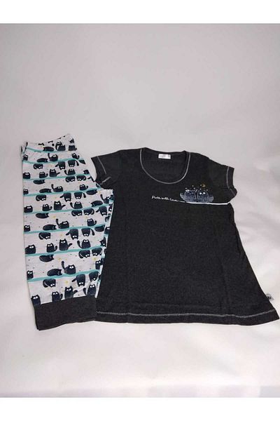 VİENETTA Set pijamale de damă din bumbac cu model antracit - Capri cu mânecă scurtă