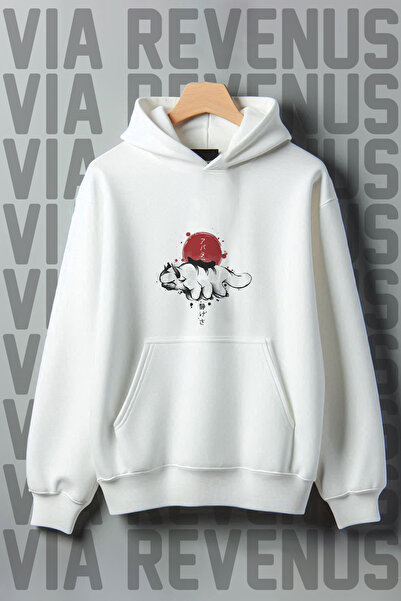 Vordevia Hanorac alb cu glugă supradimensionat cu imprimeu Appa - Buzunar cangur, raster cu 3 fire