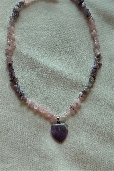 badeaccessories Sertifikalı Ametist, Pembe Kuvars Kalp Kırıktaş Doğaltaş Kolye