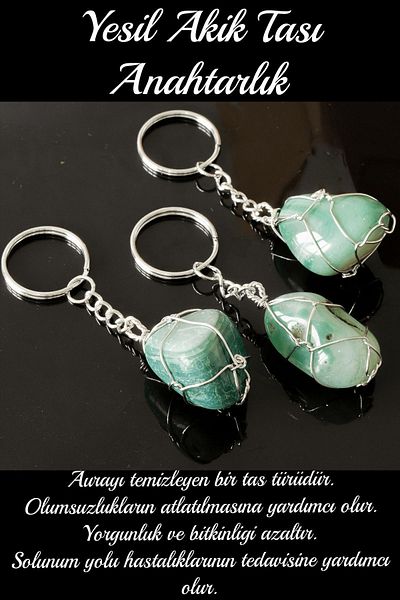 Tesbih Atölyesi Certified Wire Wrapped Green Agate Stone Keychain