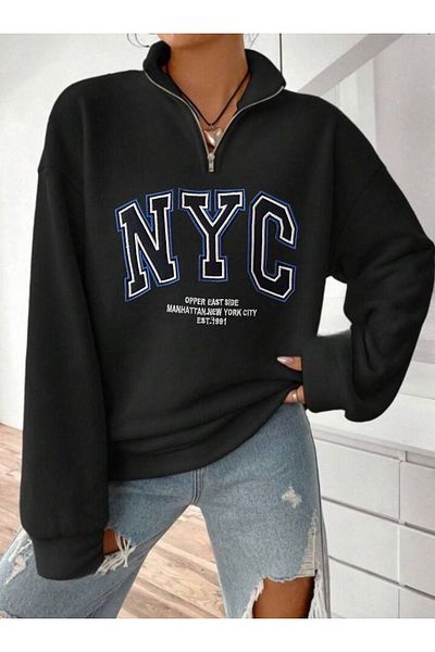 BYMEER Pulover Hanorac cu guler negru cu imprimeu Nyc