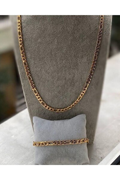 Genel Markalar Unisex Gold Kolye ve Bileklik Zincir Set