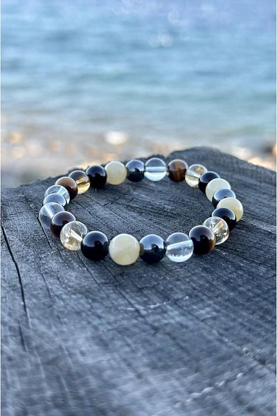 Gökçeada 8mm Lion Sign Certified Natural Stone Bracelet - Crystal Quartz, Calcite, Citrine, Turtle Eye, Onyx, Hematite