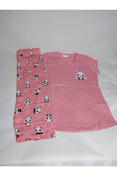 VİENETTA Set de pijamale din bumbac pentru femei cu model pudra închis - Capri cu mânecă scurtă
