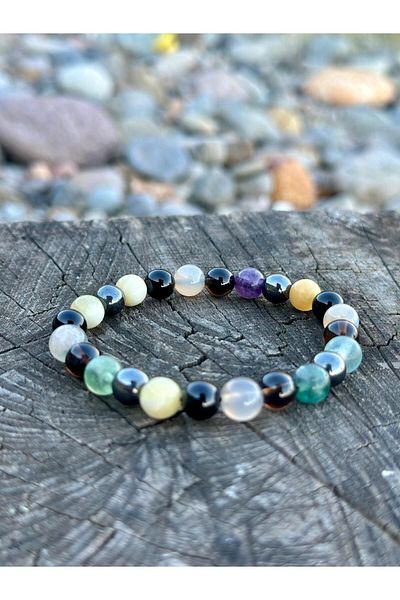 Gökçeada 8mm Capricorn Sign Natural Stone Bracelet - Fluorite Onyx Smoke Quartz Flower Agate Aragonite Hematite