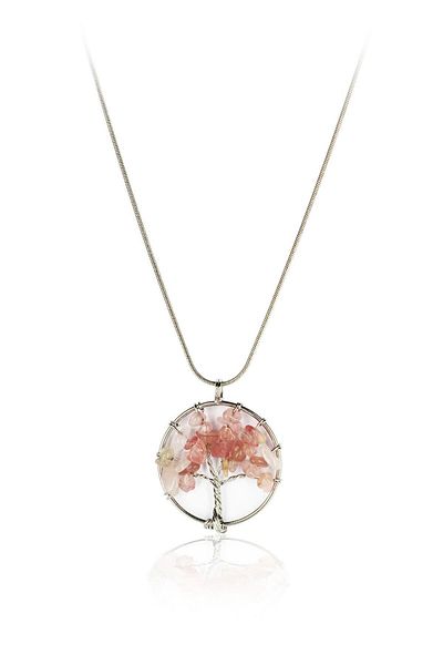 Pablo Shop Pink Quartz Necklace Tree of Life Natural Stone Necklace