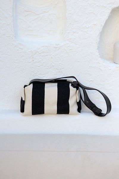 Moom Bag Geantă de umăr din pânză cu model dungi negre pentru femei