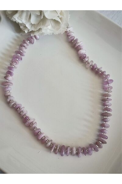 badeaccessories Amorf Yassı Kunzit Doğal Taş Kolye