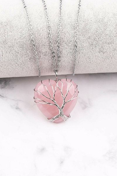 Doğaltaş Pink Quartz Natural Stone Wire Wrapped Heart Necklace