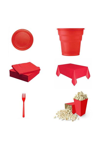 asöy Red Plate Cup Fork Napkin Corn Box Tablecloth Set - Birthday Use